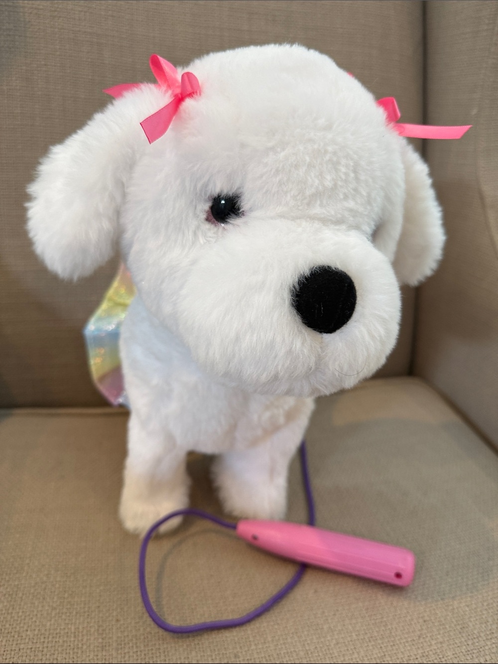 Walking and Dancing White Plush Puppy Toy with Pink Ribbon Accents